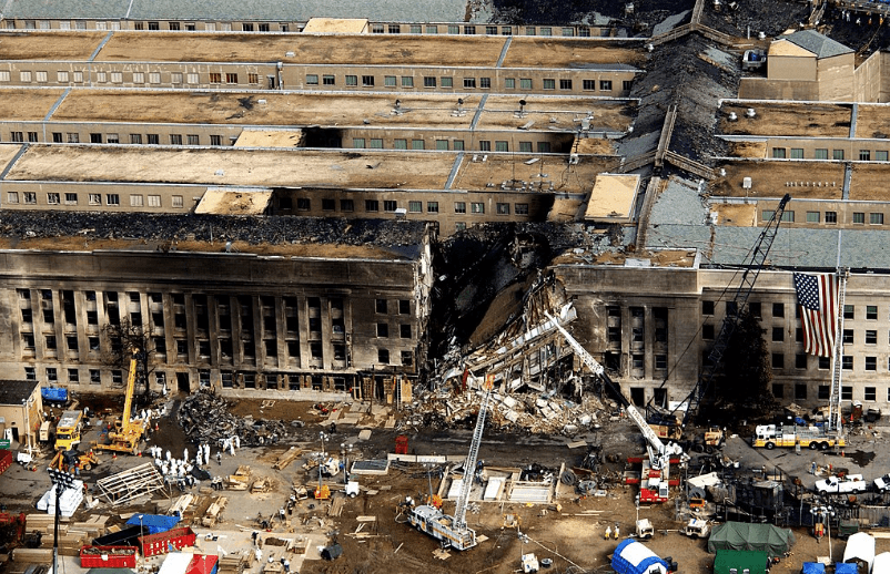 The Pentagon after the attack. It is surprising that an airplane is not spotted