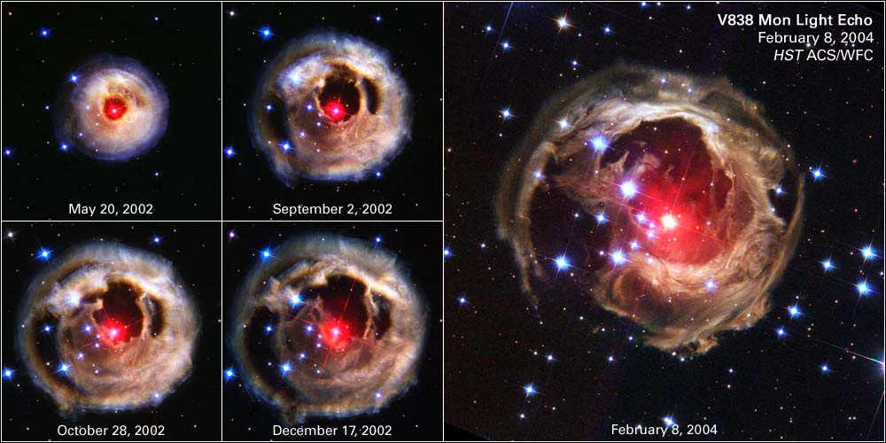 NASA images showing the expansion of a light echo around V838 Mon, between 2002 and 2004