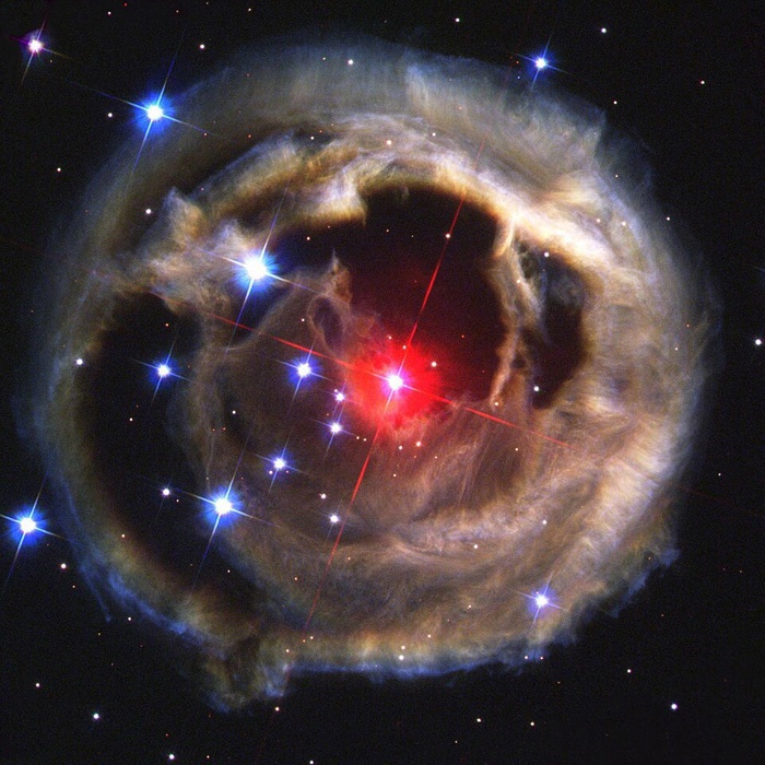 Light echo around V838 Monocerotis In January 2002, a dull star in an obscure constellation suddenly became 600,000 times more luminous than our Sun, temporarily making it the brightest star in our Milky Way galaxy